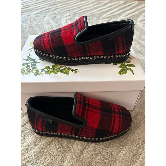 Chelsea & Violet Shoes - Chelsea & Violet Red Black Plaid Faux Fur Slip-On Studded Slippers Size 6 New
